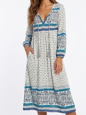 Global Print Midi Dress Tassel Bohemian Maxi Rayon Small OrderPlus